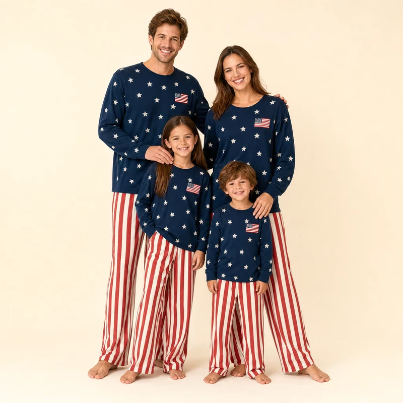 CHINEE Patriotic USA Independence Day Family Matching Short Sleeve Stars Stripes Sleepwear Homewear July 4th Pjs Sets Front Polyester