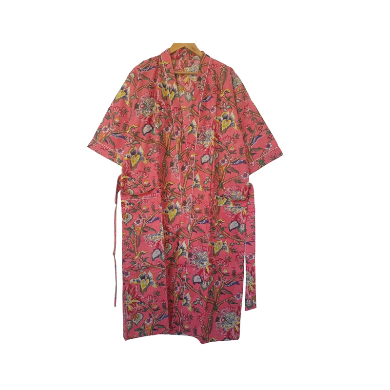 CHINEE Peach Cotton Kimono Robe Floral Jungle Print Women V Neck Full Sleeves Long Length 2 Front Pockets Tool Dori Nightwear Gown