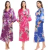 CHINEE Personalized Women's Kimono Robe Long Printed Peacock Floral Sleepwear Silky with Pockets