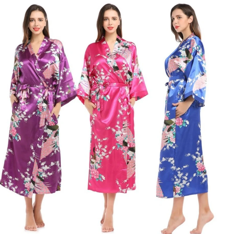 CHINEE Personalized Women's Kimono Robe Long Printed Peacock Floral Sleepwear Silky with Pockets
