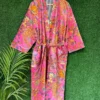 CHINEE Pink Floral Velvet Women Robe Belted Kimono Sleepwear Lounge Coat With Pocket for Home Resort