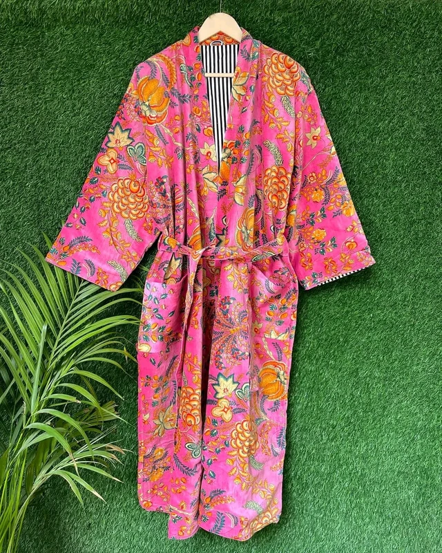 CHINEE Pink Floral Velvet Women Robe Belted Kimono Sleepwear Lounge Coat With Pocket for Home Resort