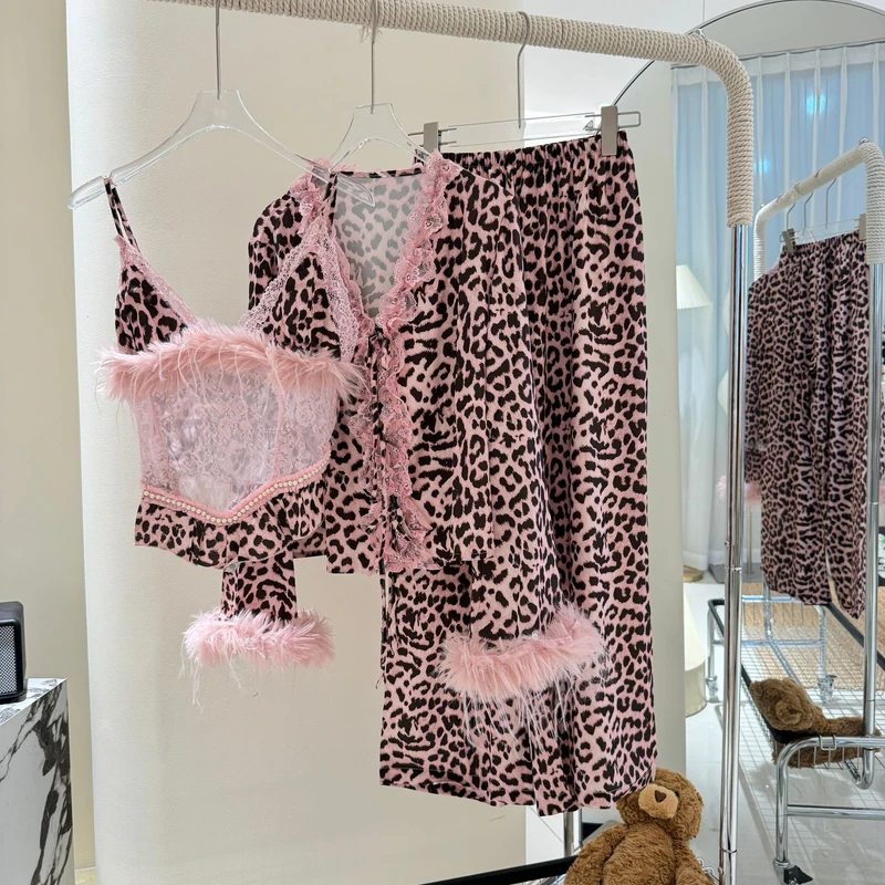 CHINEE Pink Leopard Print 3 Piece Pajama Set Feather Trim Lace Patchwork Sexy Sleepwear Loungewear for Women