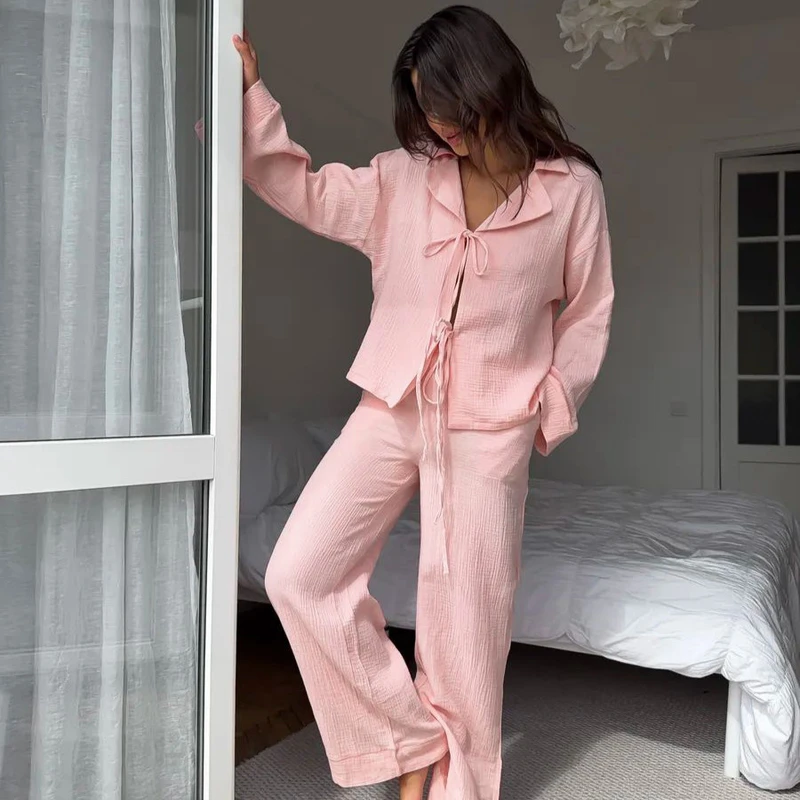 CHINEE Pink Long Sleeved Pants Loose Pure Cotton Comfortable Sleeping Suit Set for Autumn New Home Clothing for Women
