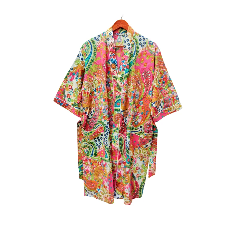 CHINEE Pink Paisley Floral Kimono Robe V Neck Long Cotton Lounge Robe Front Pockets Belt Tie Boho Resort Wear