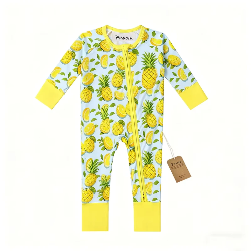 CHINEE Pinuotu Bamboo Pajama Kids One Piece Folded Romper Long Sleeve Cute Fruit Printing Newborn Sleeper Clothing Zippy Jumpsuit