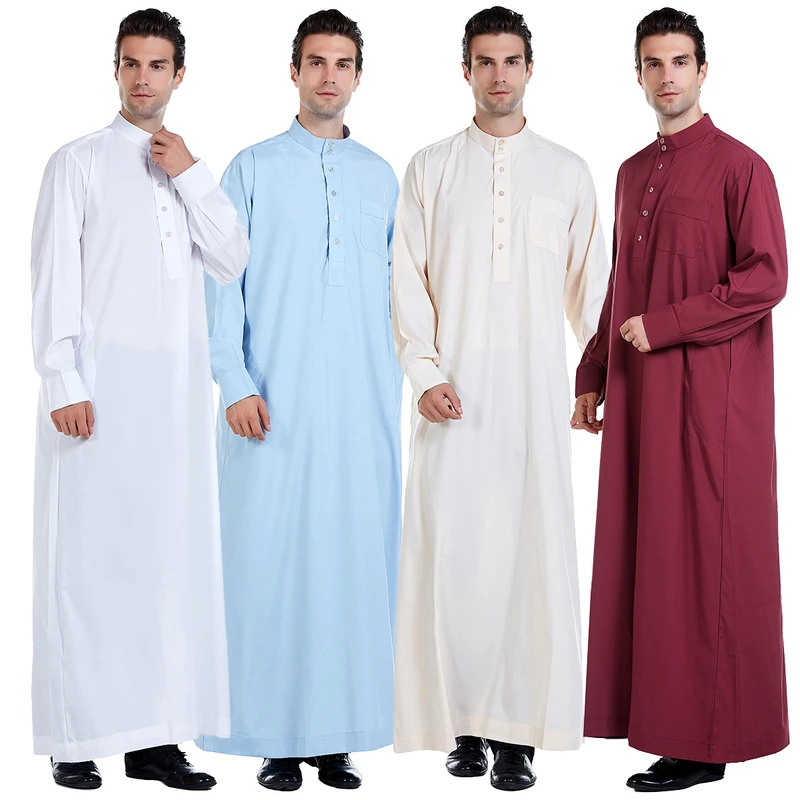 CHINEE Plain Color Cotton Polyester Blend Men's Thobe Ready Stock Breathable Islamic Robe Fast Delivery