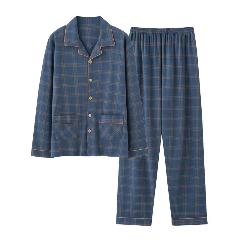 CHINEE Plus Size Autumn Men Pajamas Set Turn down Collar Long Sleeve Trousers Sleepwear Leisure Pajama Night Pijamas Home Wear