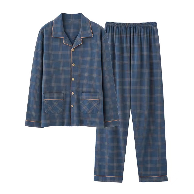 CHINEE Plus Size Autumn Men's Knitted Cotton Pajamas Set Turn down Collar Long Sleeve Trousers Casual Sleepwear Home Wear
