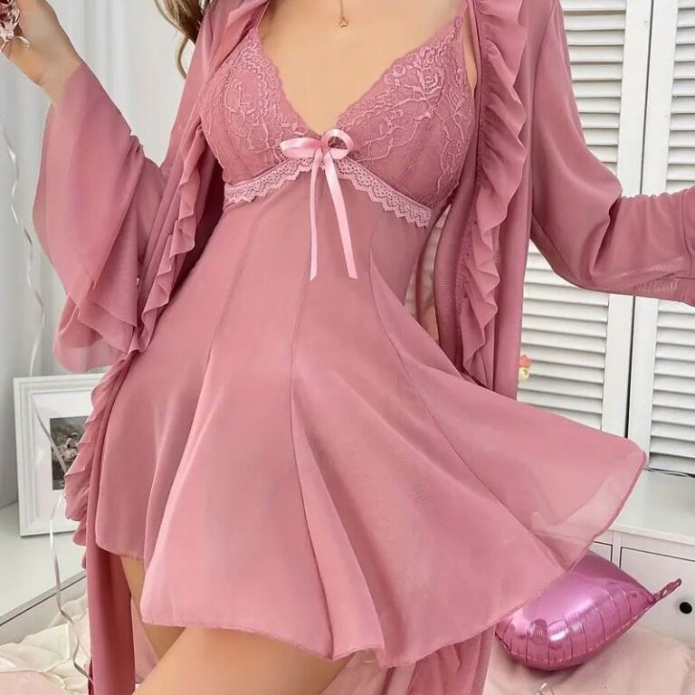 CHINEE-Plus-Size-Lace-Suspenders-Solid-Triangle-Cup-Nightdress-2-Piece-Womens-Sleepwear-Set-1