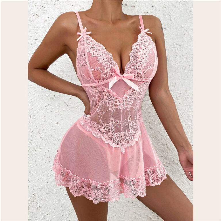CHINEE-Plus-Size-Lace-Suspenders-Solid-Triangle-Cup-Nightdress-2-Piece-Womens-Sleepwear-Set