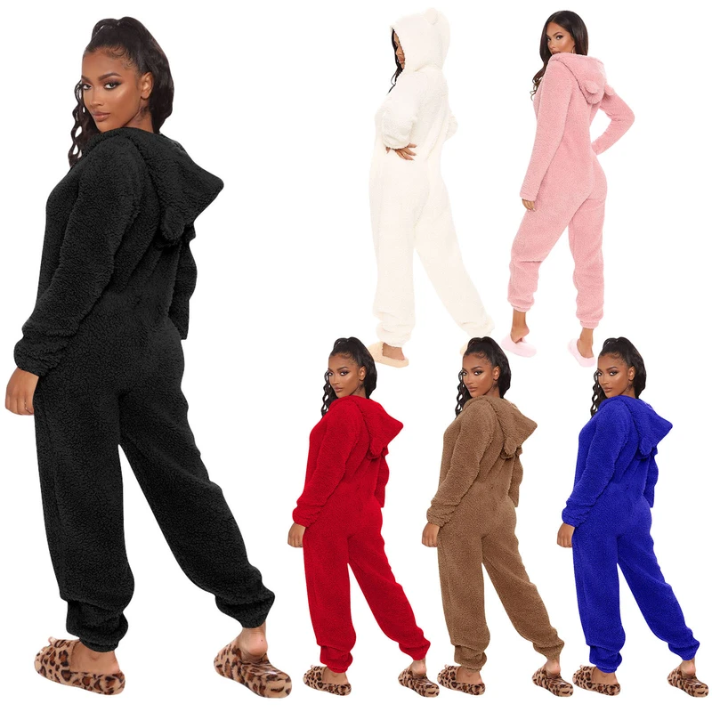 CHINEE Plus Size One Piece Winter Hooded Teddy Cute Sleepwear Fuzzy Pjs Plush Warm Velour Pajamas Velvet Jumpsuit Lounge Wear for Women