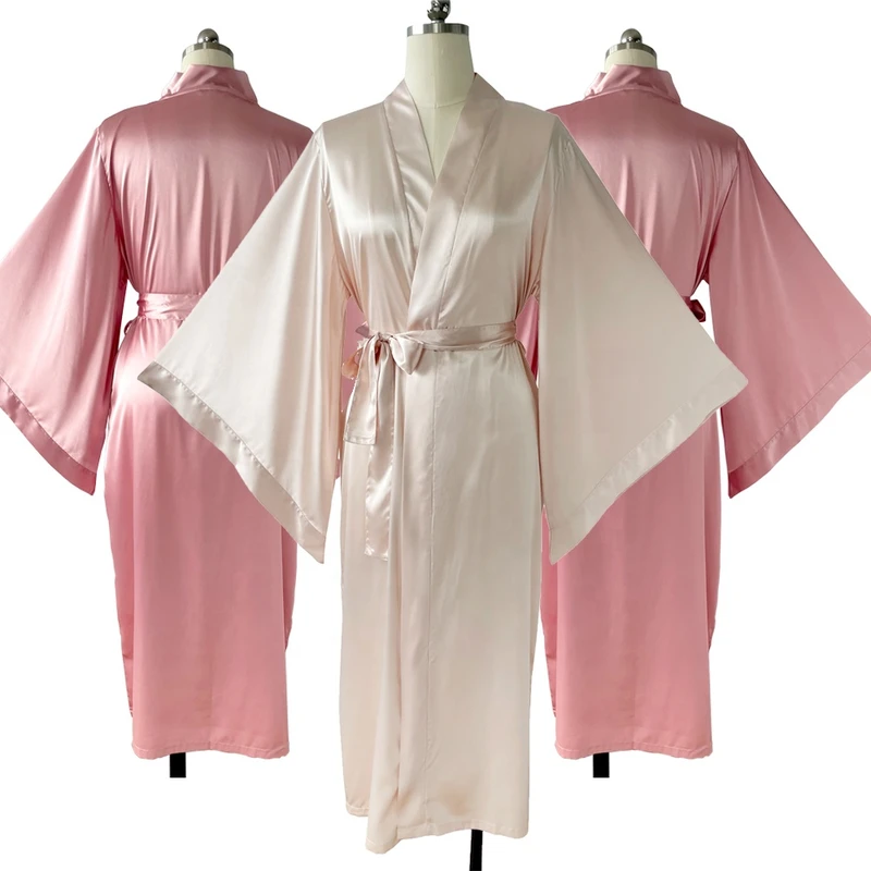 CHINEE Plus Size Sexy Wide Sleeves Robe Bride Silk Satin V neck Kimono Bridal Robes Smooth Solid Long Women's Sleepwear Gowns