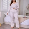 CHINEE Plus Size Winter Casual Breathable O Neck Long Sleeve Loose Fit Floral Print Knitted 100% Polyester Women's Pajama Set Elastic