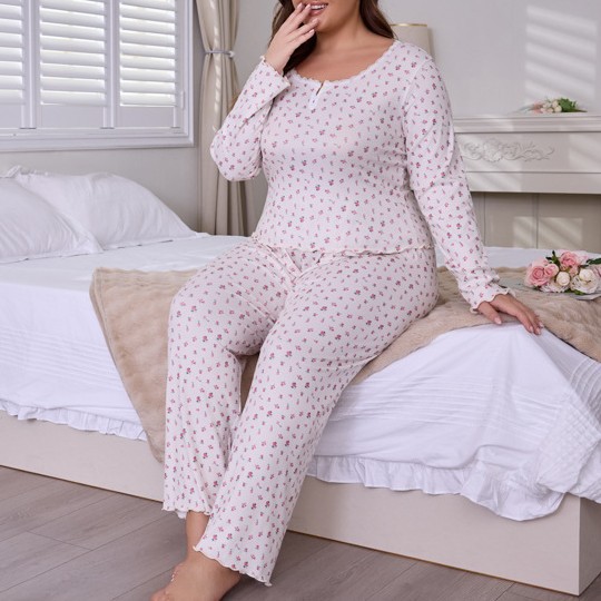 CHINEE Plus Size Women's Casual Long Sleeved Shirts and Long Pants Plate Sized Lady's Fashionable Sleepwear for Home Wear and Outside