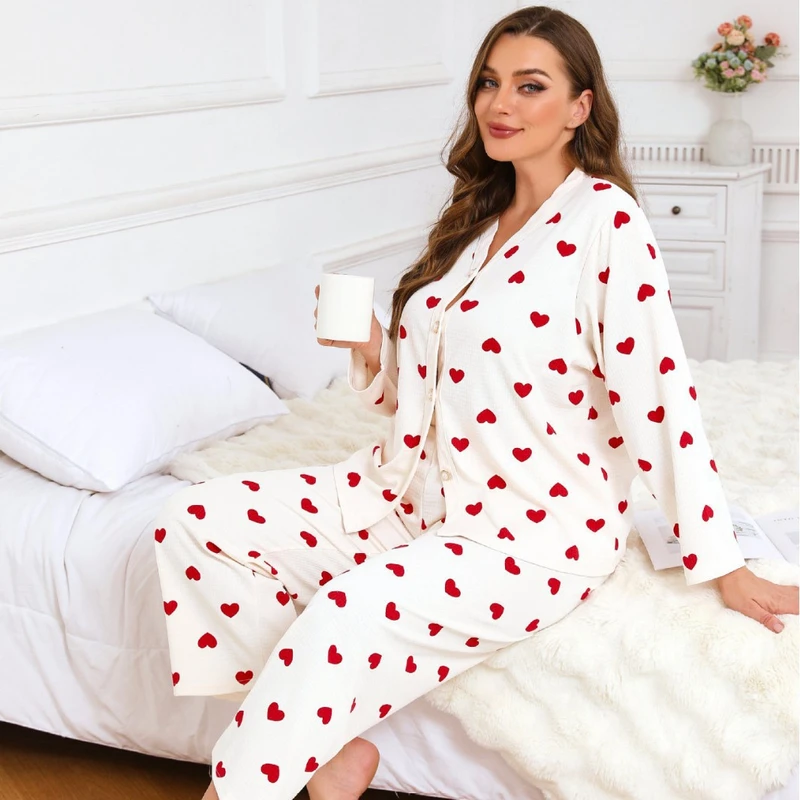 CHINEE Plus Size Women's Elegant Comfortable Spring Pajama Set Casual Loose Long Sleeve Top Elastic Waist Pants Soft Knitted Simple