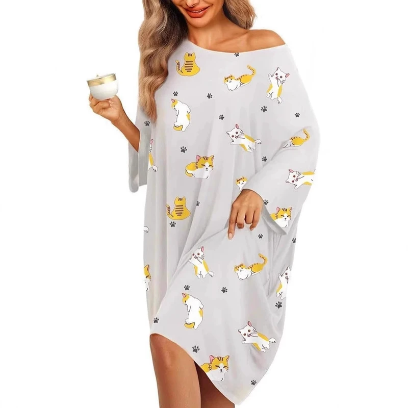 CHINEE Plus Size Women's Nightgown Homewear T shirt Three Quarter Sleeve Printed Polyester Crew Neck Pajamas
