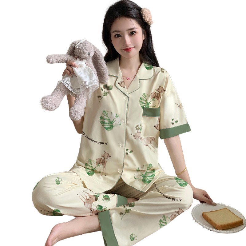 CHINEE Plus size Women's Summer Sleepwear Short sleeve Top And Long Pants Set With Print Elegant Loungewear Set