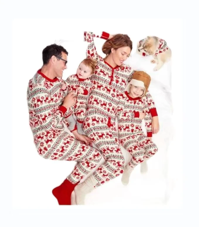 CHINEE Polyester Fleece Christmas Pajamas Infants & Toddlers Father Mother Daughter Matching Family Home Wear Hook & Loop Closure