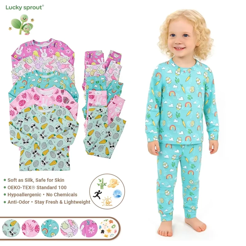 CHINEE Pre order RTS Easter Factory Kids Pajamas Comfortable Suit with Pattern Long Sleeve and Pants Two pieces Set