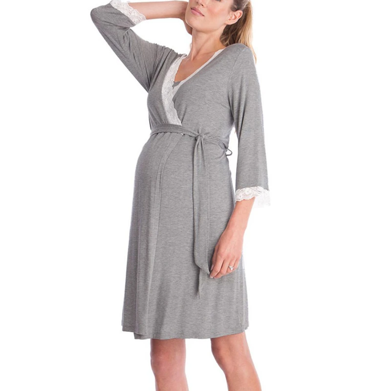CHINEE Pregnant Woman Pajamas Large Sized Pull Over Nightgown Lace Sleepwear Three Quarter Sleeve Short Sleeve Dress Pajama Robes