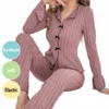 CHINEE Premium Knitted Women's Pajamas Set Elegant Solid Long Sleeve Sleepwear Soft Loungewear with Bow Detail Two Piece Lounge Set