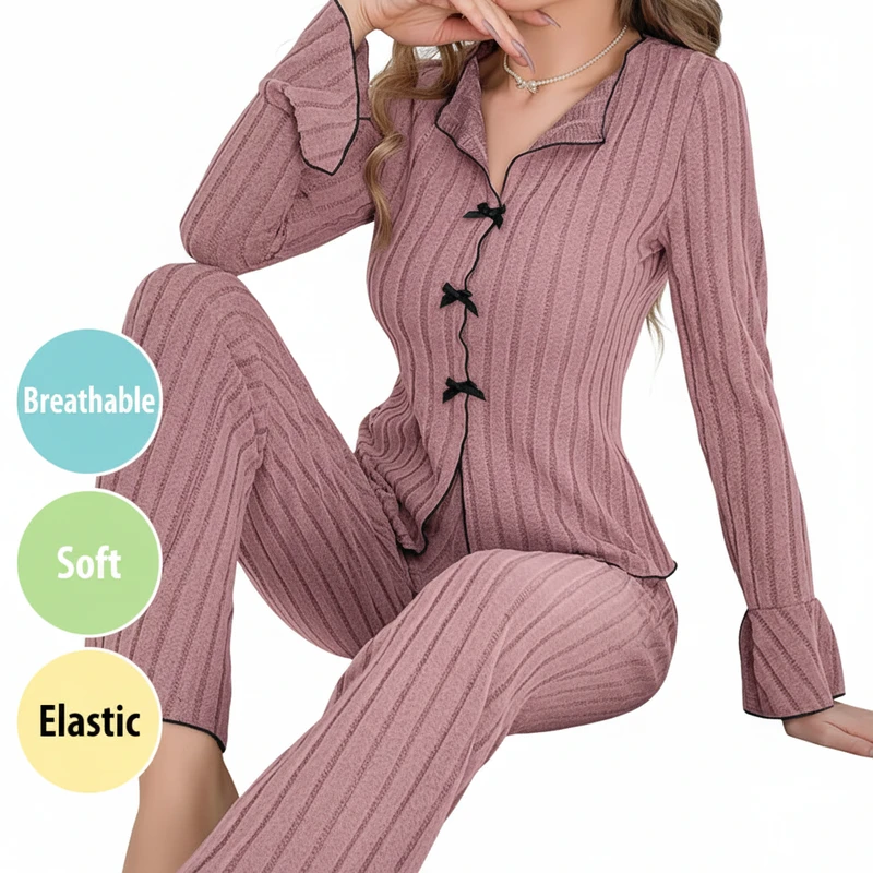 CHINEE Premium Knitted Women's Pajamas Set Elegant Solid Long Sleeve Sleepwear Soft Loungewear with Bow Detail Two Piece Lounge Set
