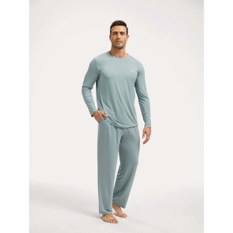 CHINEE Premium Men's Long Pajama Set XL Size Casual Home Wear Bamboo Nightflow Soft Satin Knitted Cotton for Spring Summer Winter