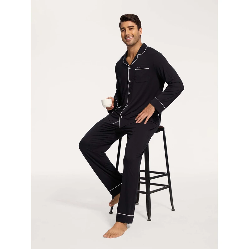 CHINEE Premium Men's Long Sleeve Pajama Set Soft Cotton Silk Knitted Robe Casual Home Wear Custom Logo Print Pattern Combo Pieces