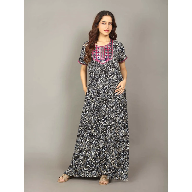 CHINEE Premium Rayon Long Nightgown for Women Soft Breathable Custom Logo Printed Nightdress Casual Romantic Style Elastic Waist ODM