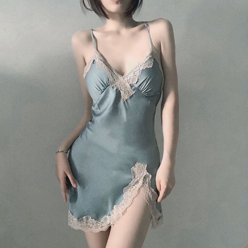 CHINEE Premium V Neck Sleeveless with Lace Trim for Sexy Summer Nightwear Elegant High End Ice Silk Women Nightgown