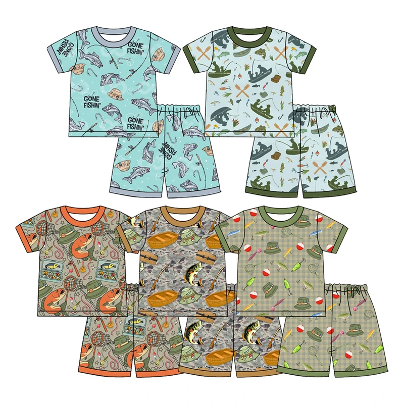 CHINEE Preorder Custom Print Baby Boys Toddler Southern Fishing Bamboo Soft Short Sleeve Shirts Top Shorts Boutique Pajamas Lounge Sets