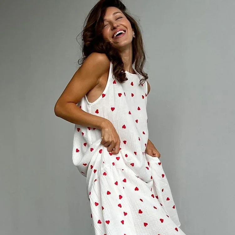 CHINEE Print Cotton Pajamas Dress Mid Calf Women's Night Peignoir O Neck Sleeveless Night Gown Spring Elegant Dresses