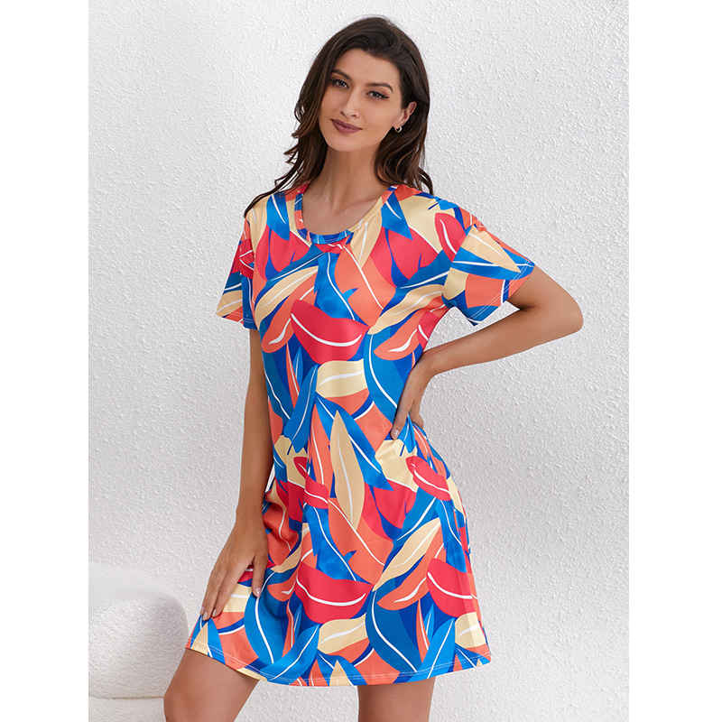 CHINEE Printed Polyester Women Nightgown Side Soft Sleepwear O Neck Sexy Nightwear Female Homewear Pajama Dress
