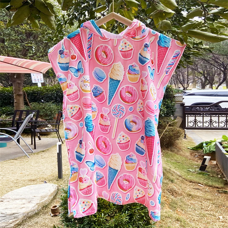 CHINEE Promotion Custom Prints Doughnut and Rainbow Kids Swimming Kids Hooded Towel Bath Robe Children Beach Surf Poncho
