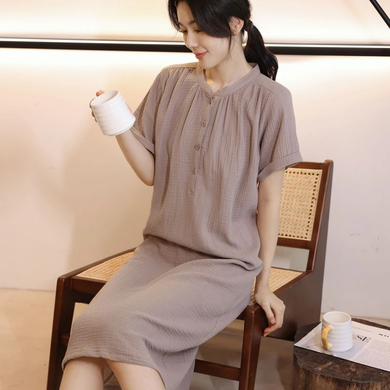 CHINEE Pure Cotton Crepe Fabric Women's Nightgown Robe Short Sleeves Crew Neck Breathable Summer Outdoor Use Custom Logo