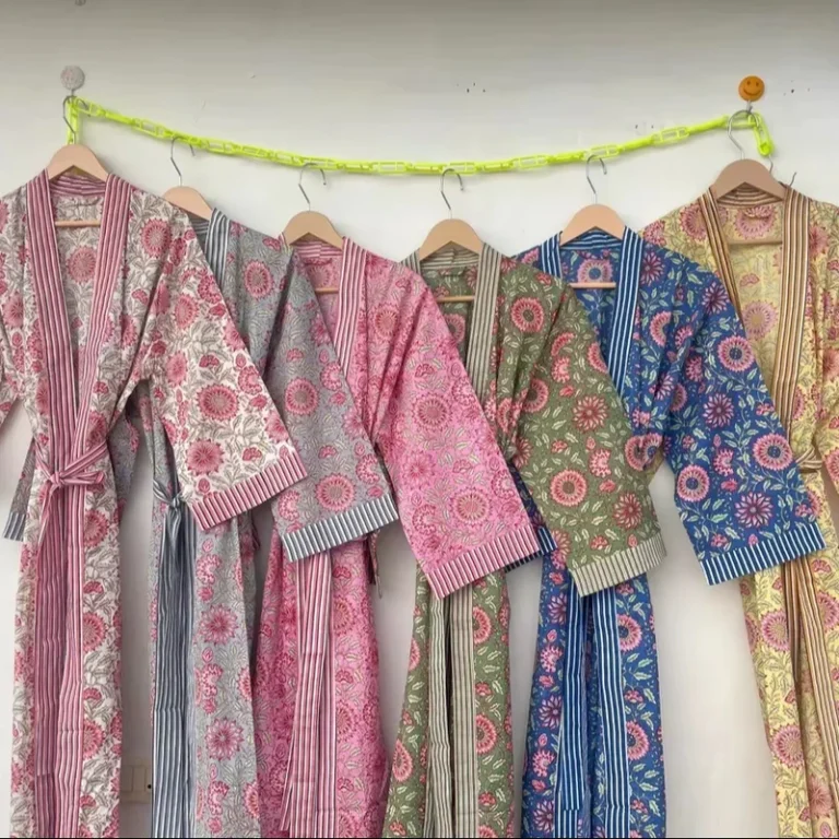 CHINEE Pure Cotton Handprinted House Robe Summer Kimono Floral Beach Dress Oriental Festival Beautiful Bathrobe Block Print Kimono Gift