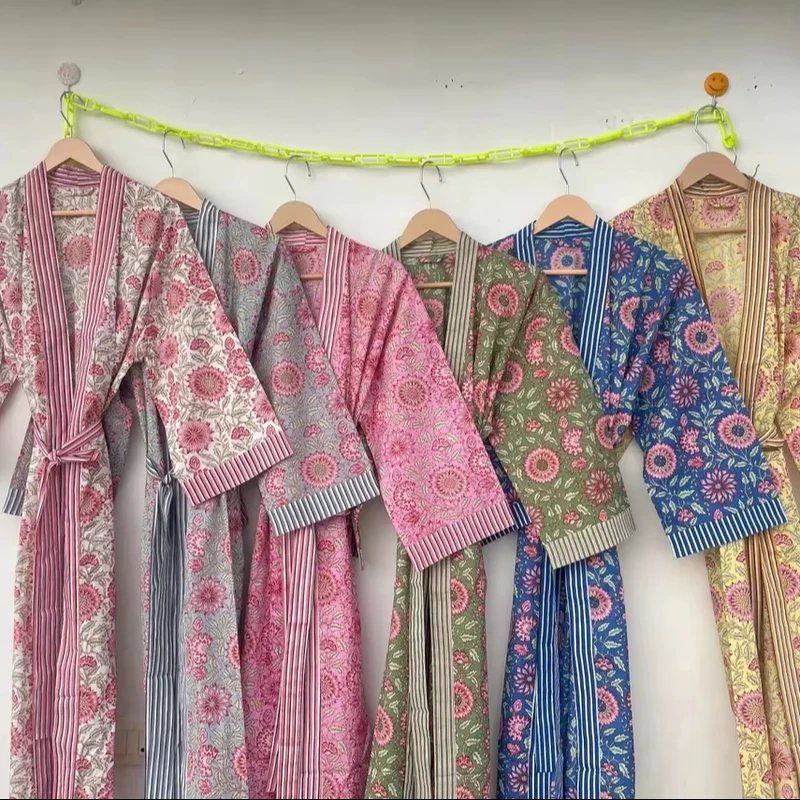 CHINEE Pure Cotton Handprinted House Robe Summer Kimono Floral Beach Dress Oriental Festival Beautiful Bathrobe Block Print Kimono Gift