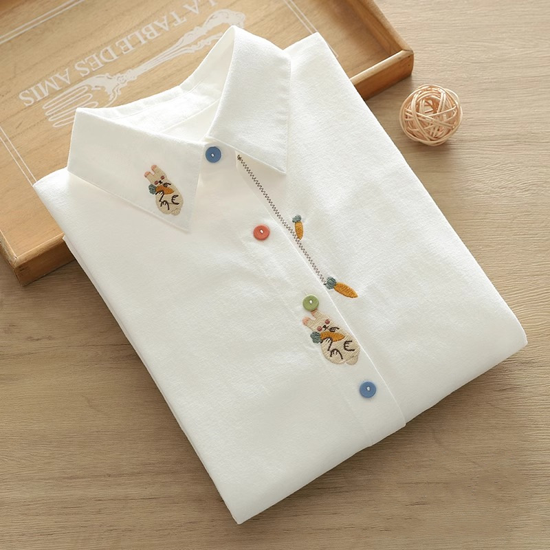 CHINEE Pure Cotton Spring Autumn Embroidered Rabbit Carrot Anime Cartoon Collar Washable Long Sleeve Shirt White Women 35 Y