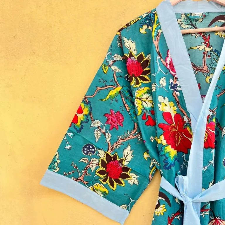 CHINEE-Pure-Cotton-Summer-Kimono-Kaftan-Floral-Print-Breathable-Soft-V-neck-Womens-Robe-for-Festival-and-Bridesmaid-Occasions