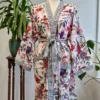 CHINEE Pure Cotton Tropical Kimono Handprinted House Robe in White Grey Blue with Birds of Paradise Soft Casual Wear Robe For Women