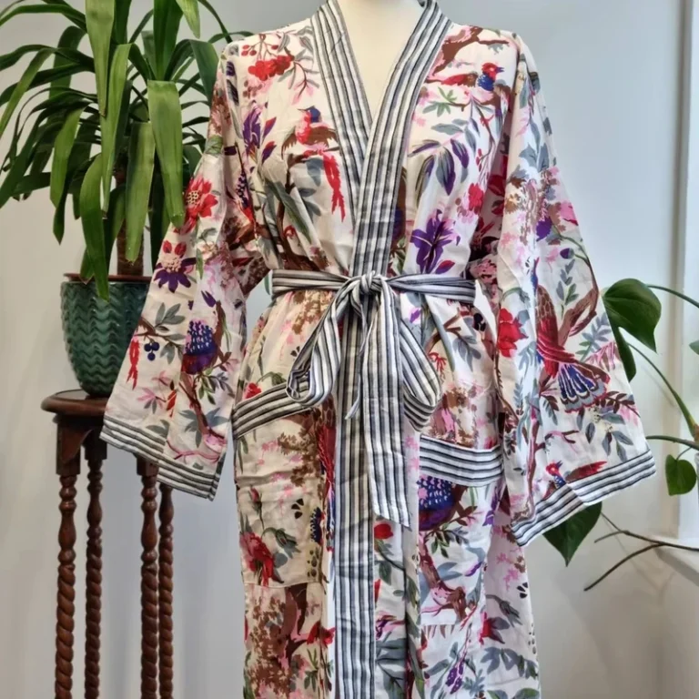 CHINEE Pure Cotton Tropical Kimono Handprinted House Robe in White Grey Blue with Birds of Paradise Soft Casual Wear Robe For Women