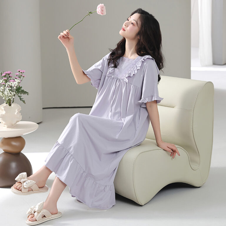 CHINEE-Pure-Cotton-Womens-Padded-Nightdress-Summer-Short-Sleeve-Solid-Elastic-Waist-Front-Sweet-Maternity-Homewear-Outerwear