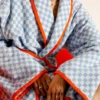 CHINEE Pure Cotton Yarn Dyed Terry Cloth Bathrobe Jacquard Checker Pattern Absorbent Spa Robe