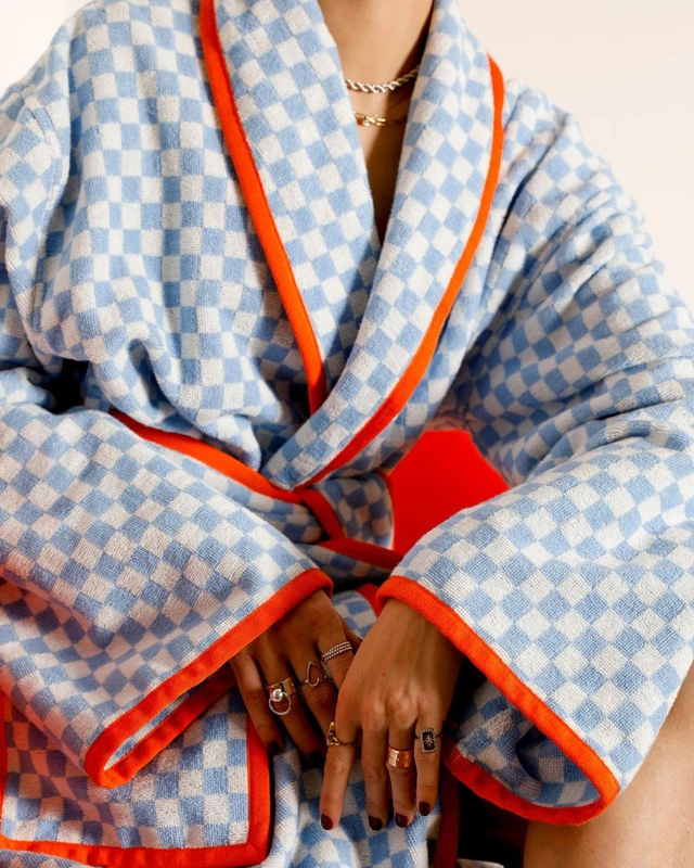 CHINEE Pure Cotton Yarn Dyed Terry Cloth Bathrobe Jacquard Checker Pattern Absorbent Spa Robe
