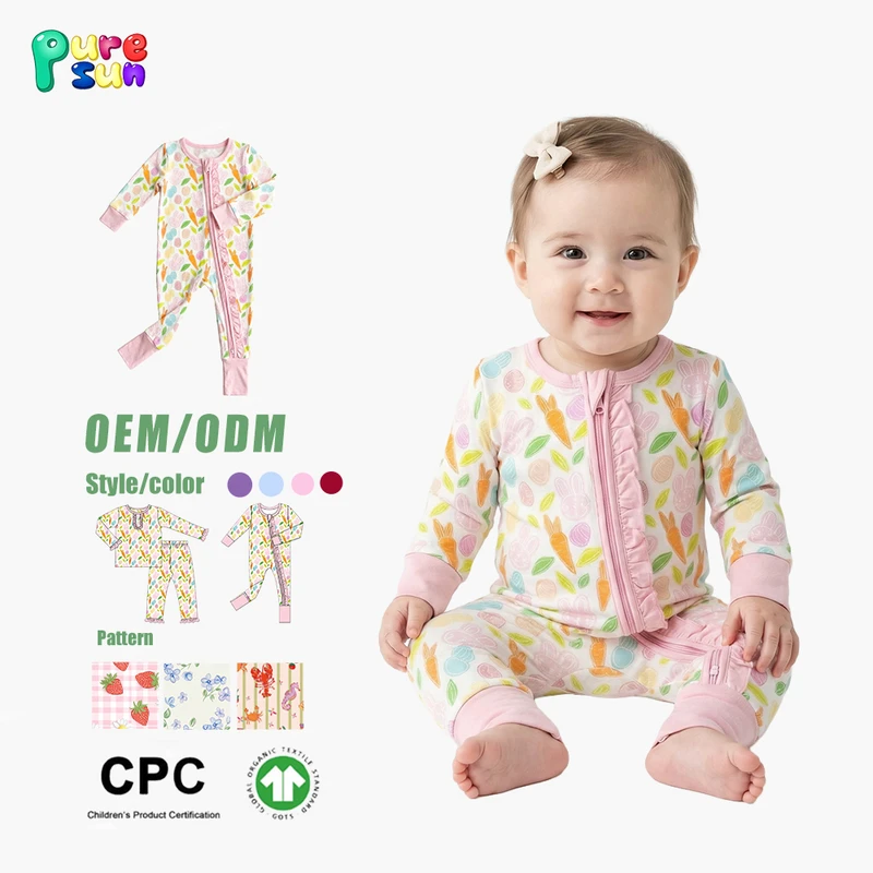 CHINEE Puresun Customized Summer Print Toddler Girls Rompers Bamboo Baby Pajamas Zipper 100% Organic Cotton Baby Bodysuit