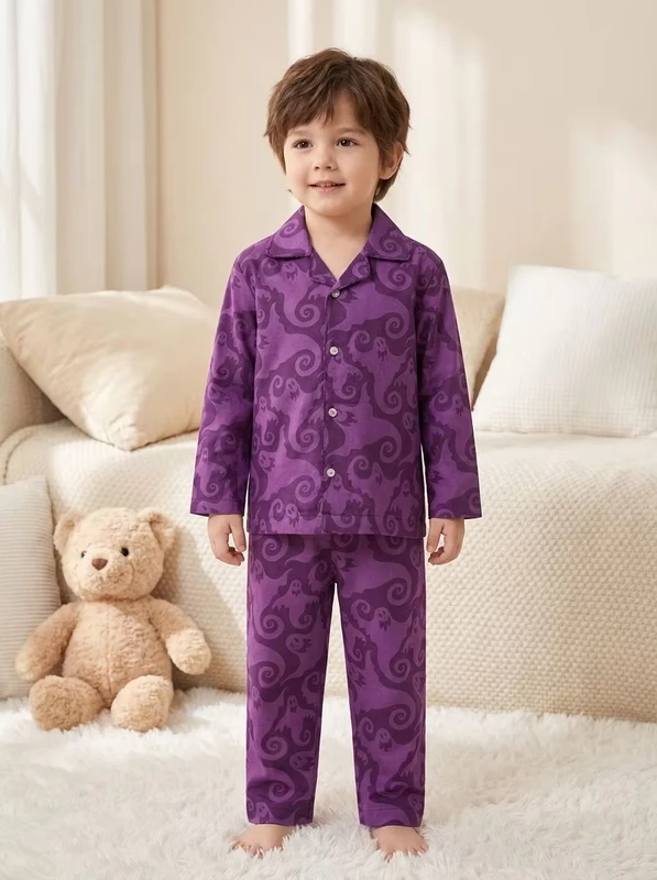 CHINEE Purple Printed Cotton Pajama Set Long Sleeve Turn-down Collar Button Closure for Baby Boys Infants Toddlers Autumn Casual Wear