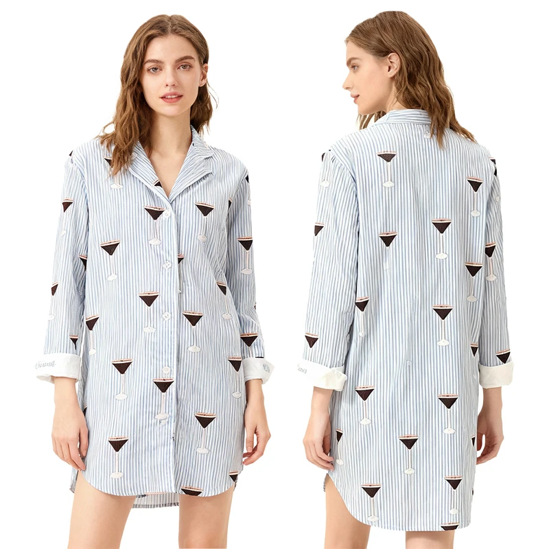 CHINEE QINGYAN Womens Printed Cotton Pajamas Top Button Front Opening Nightgown Cute Womens Sleepwear