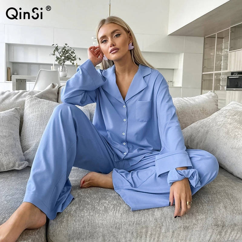 CHINEE QINSI New Autumn Womens Pajamas Set Blue Full Sleeves Pocket Top Trousers Loungewear Women Sets Comfort Solid Pyjamas Set