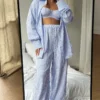 CHINEE QINSI Stripe Sleepwear Women 3 Piece Set Pijamas Button up Spring Home Wear With Underwear Pajamas for Women